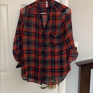 Sheer Camp Style Red and Blue Plaid Shirt